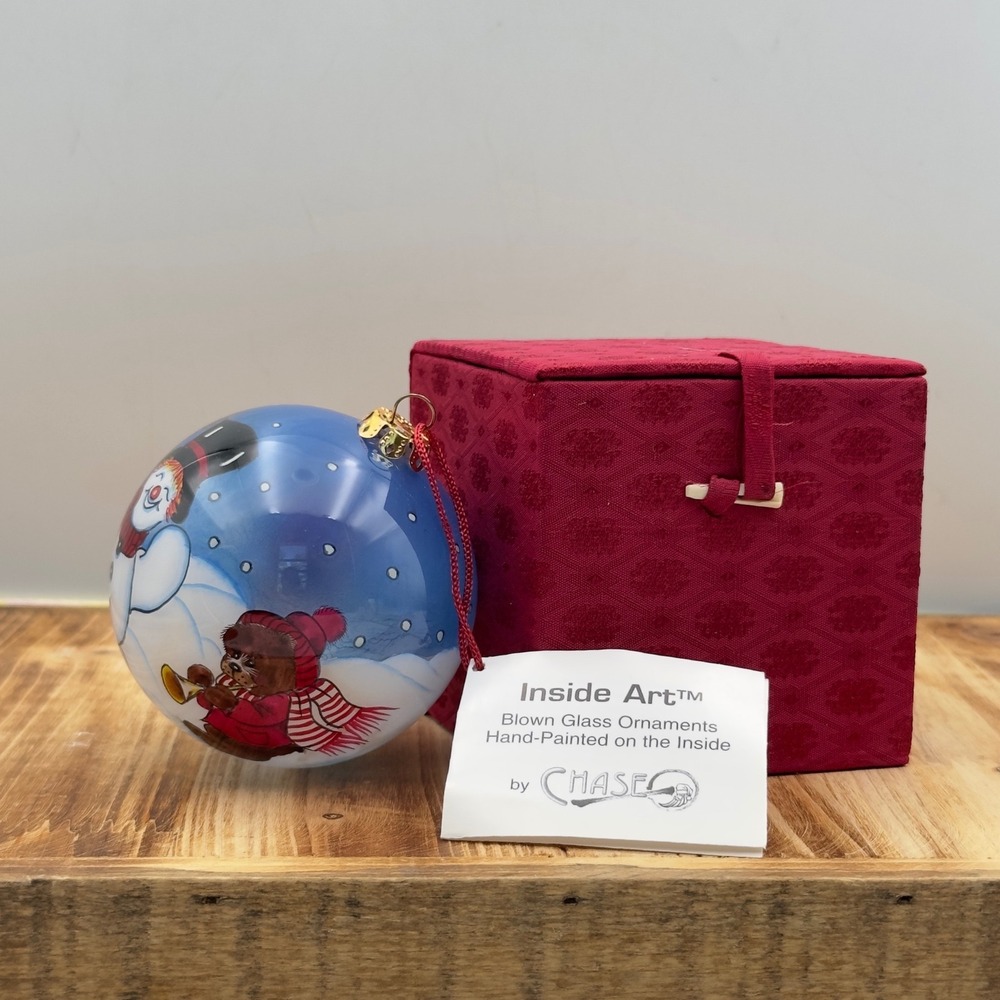 Chase Inside Art Hand Painted Blown Glass Ornament Snowman Bears with Box